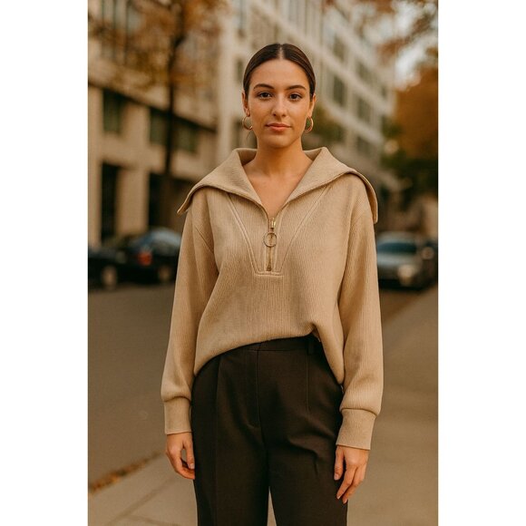 MEROKEETY Womens Quarter Zip Collared Pullover Sweater LBeige Ribbed Minimalist - Picture 1 of 8